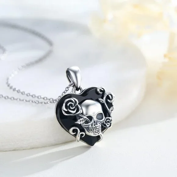 Skull Necklace 925 Sterling Silver Rose Skull Pendant with Austrian Black Heart